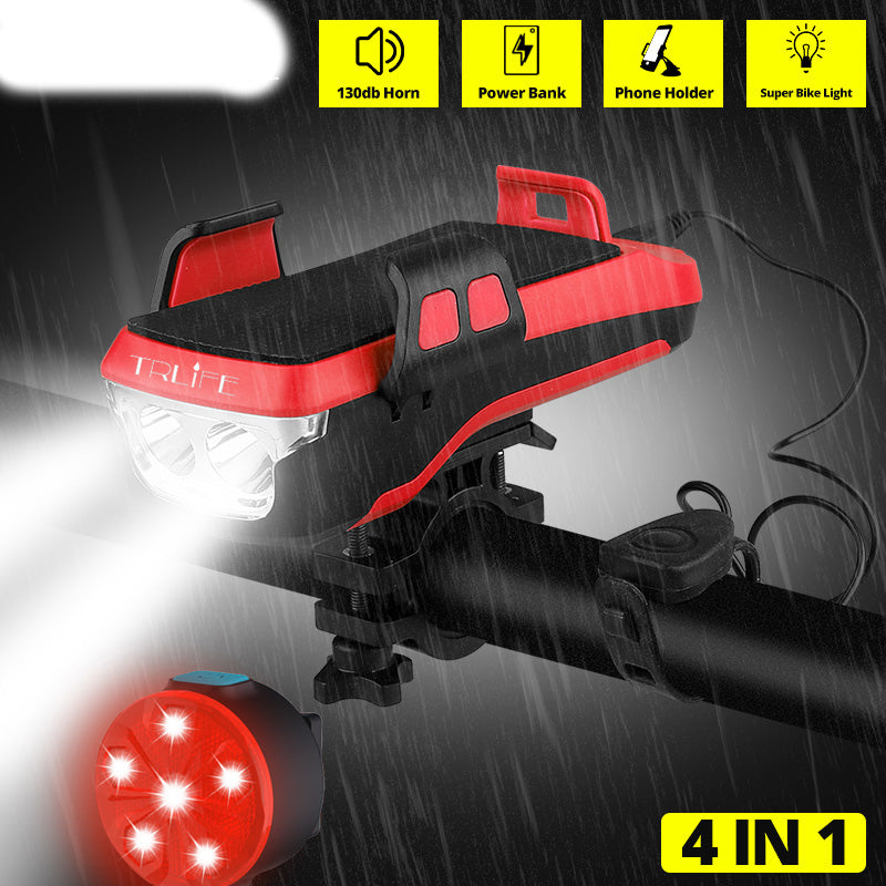 USB Rechargeable Bike Light with Phone Holder, Speaker & Power Bank