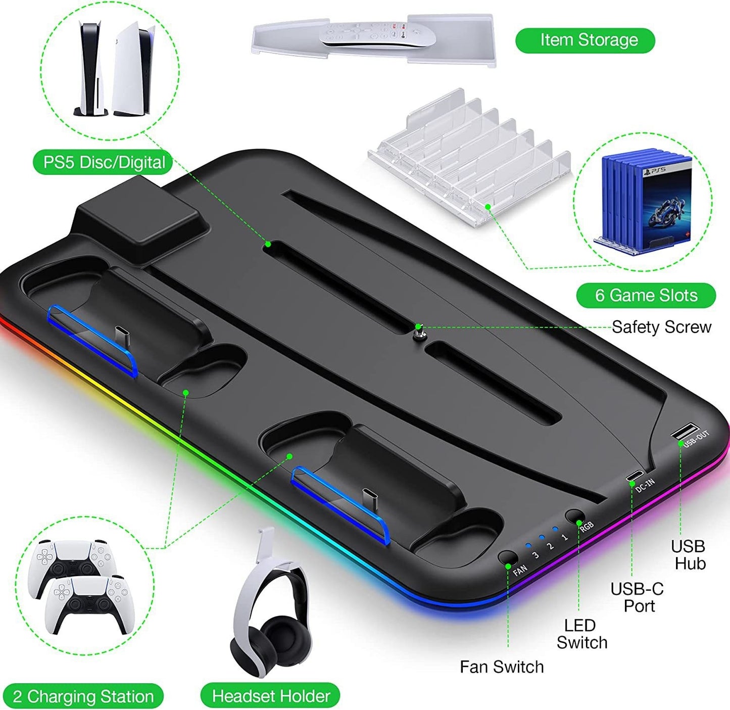 PS5 Charging Dock with RGB Lighting – Dual Controller & Headset Charger